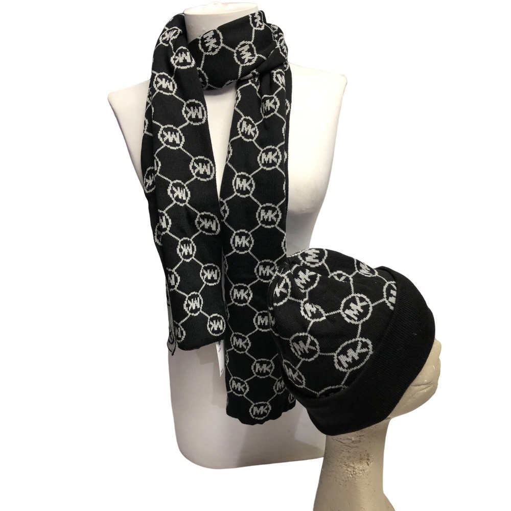 Michael Kors Womens Black Grey MK Logo Scarf and Beanie Hat Set NIB